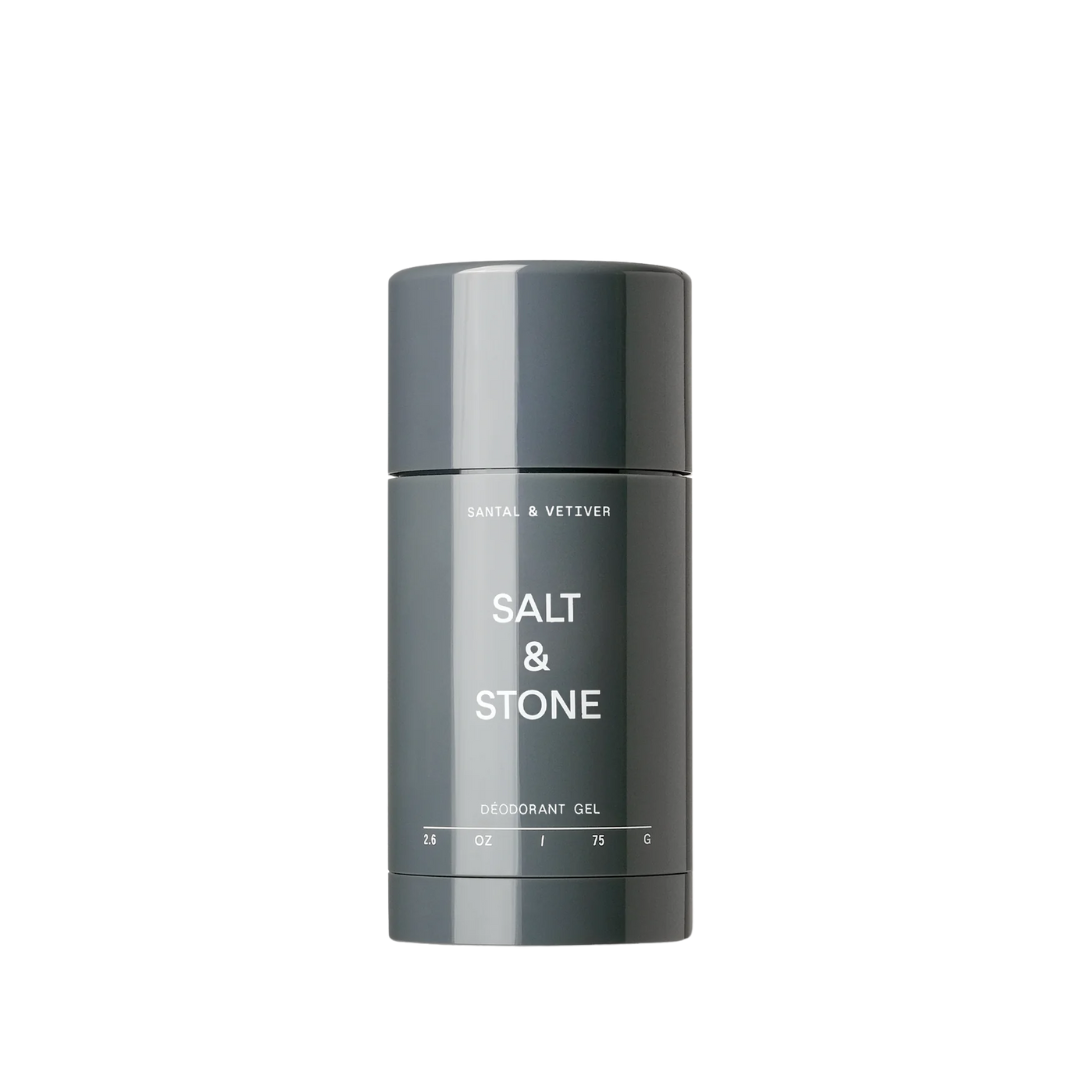 Desodorante en gel Sal & Stone fórmula natural, packaging negro. Desodorante para pieles sensibles 48 horas de protección.