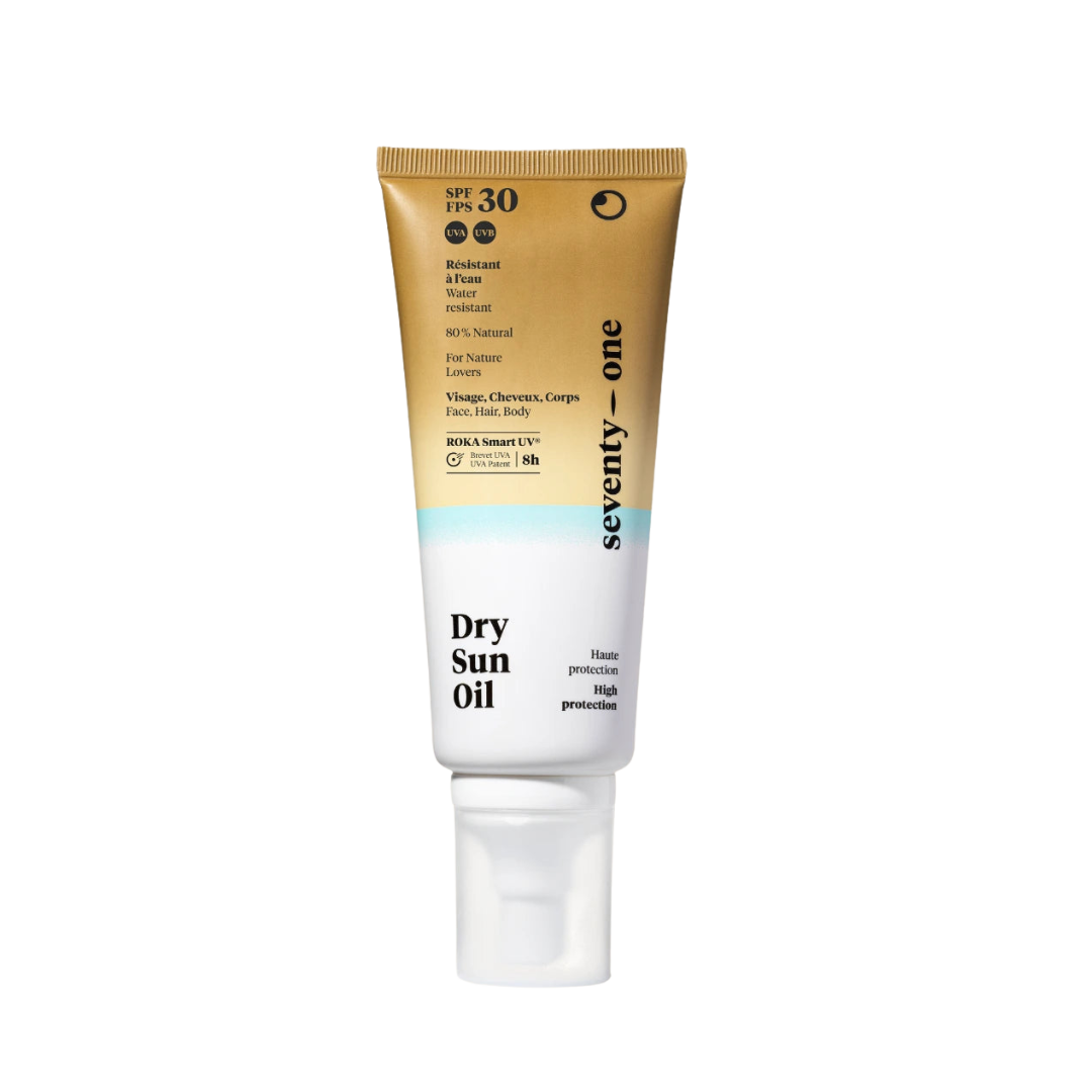 Aceite protector solar con acabado seco y protección SPF30 de La Crème Organics. Protector solar resistente al agua para cuerpo, rostro y cabello.