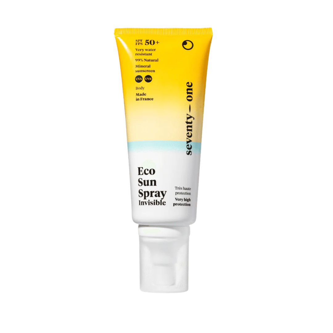 Crema solar de protección SPF50+ de Seventy-One Percent. Protección solar resistente al agua y con textura fluida y aplicable sobre piel mojada.