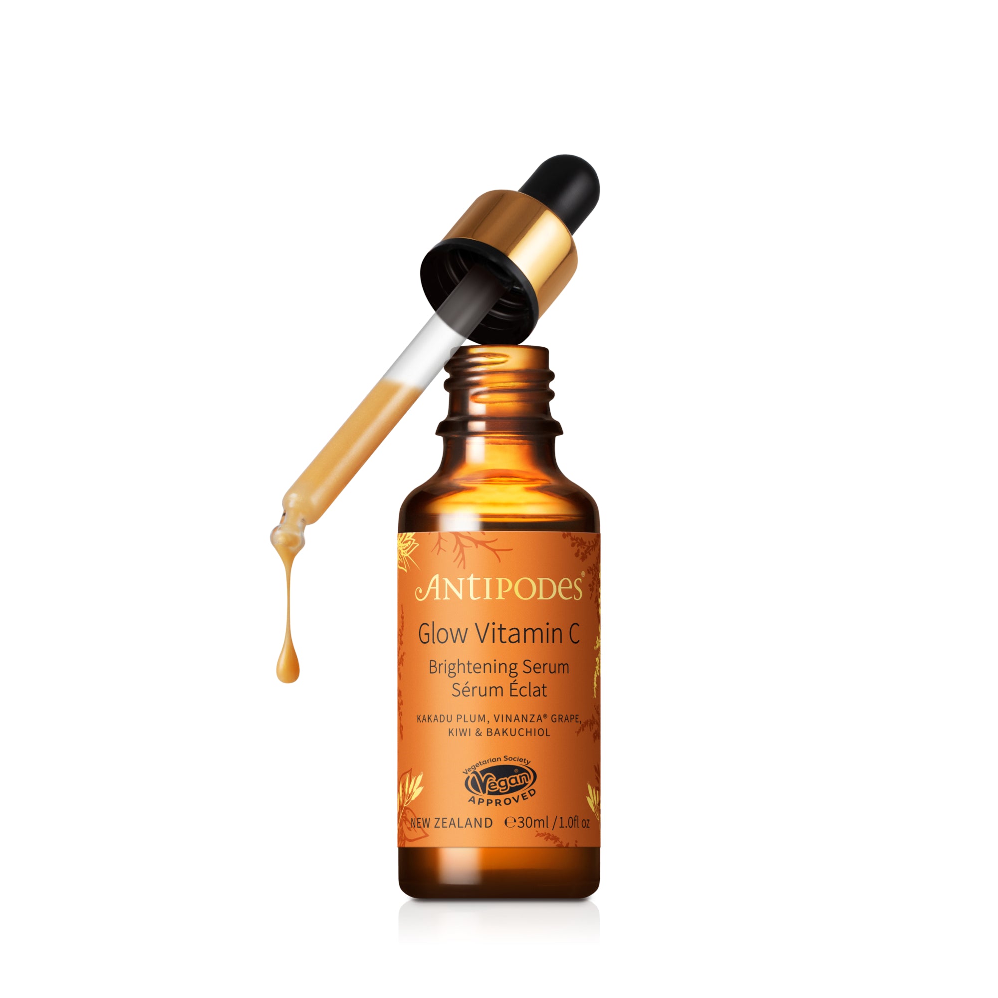 Serum con monogotas con base de Vitamina C de Antipodes. Sérum que aporta brillo al rostro e hidrata y unifica el tono de la piel.