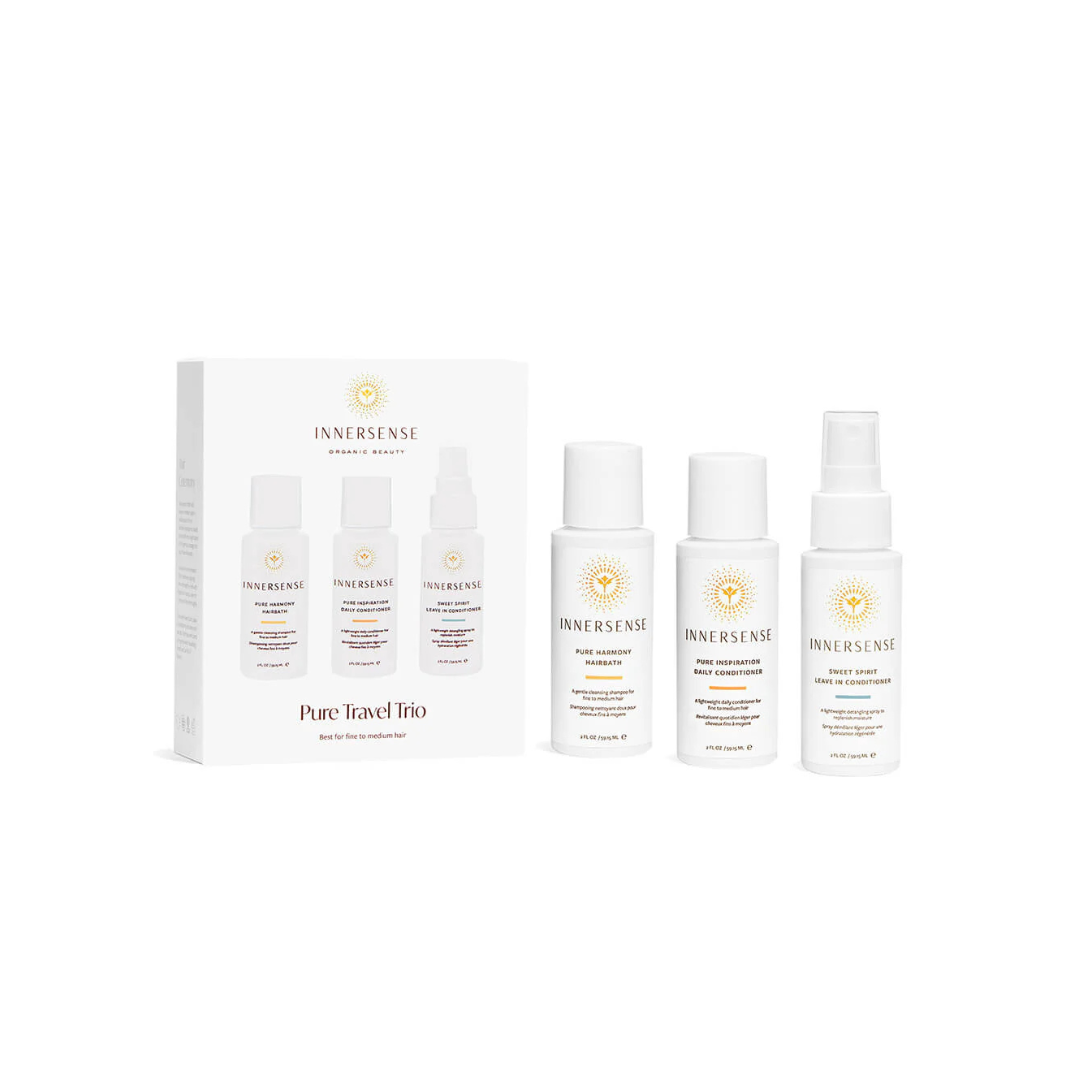 Trio de cuidado de pelo perfecto para viajar. Champú sin sulfatos, acondicionador ultra hidratante y acondicionador leave in.
