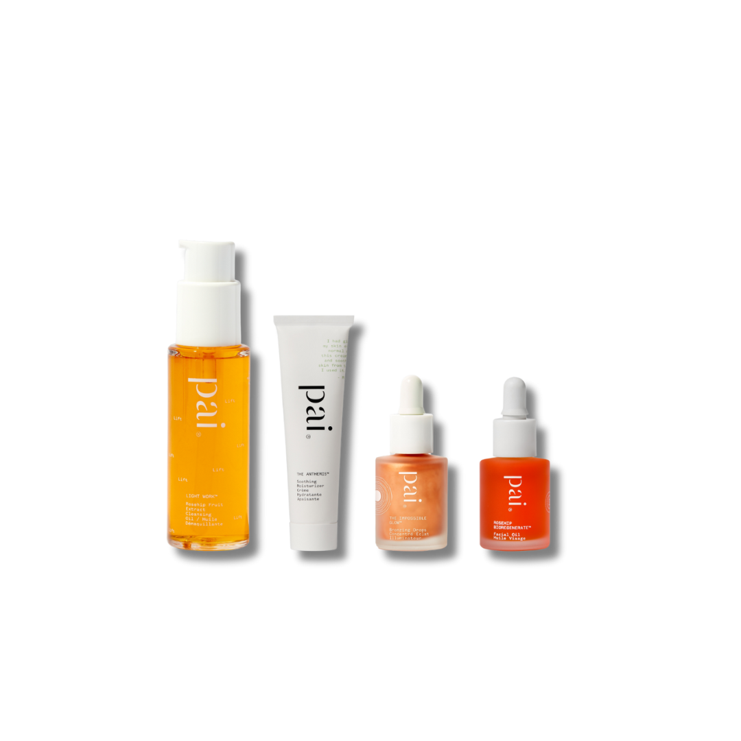 Set mini tallas productos faciales Pai Skincare. Incluye aceite de rosa mosqueta, aceite limpiador, crema hidratante y gotas bronceadoras.