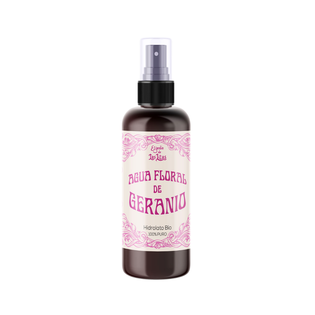 Agua floral de Geranio de 100ml de El Jardín de las Lilas. Agua corporal fresca y aromática que calma y revitaliza.
