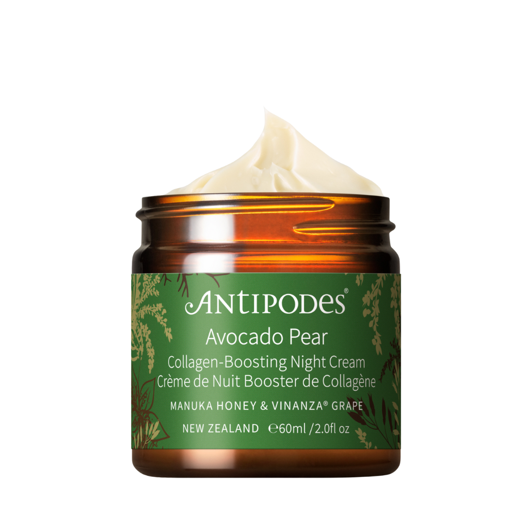 Avocado Pear Collagen-Boosting Night Cream de Antipodes nutre en profundidad y devuelve firmeza y confort a la piel.