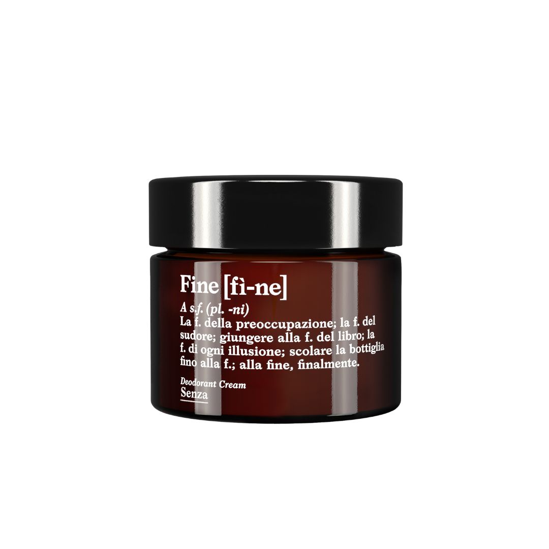 Tarro de Fine Deodorant Cream Senza de Fi-ne. Fórmula suave y vegana sin aceites esenciales, apta durante embarazo y lactancia.
