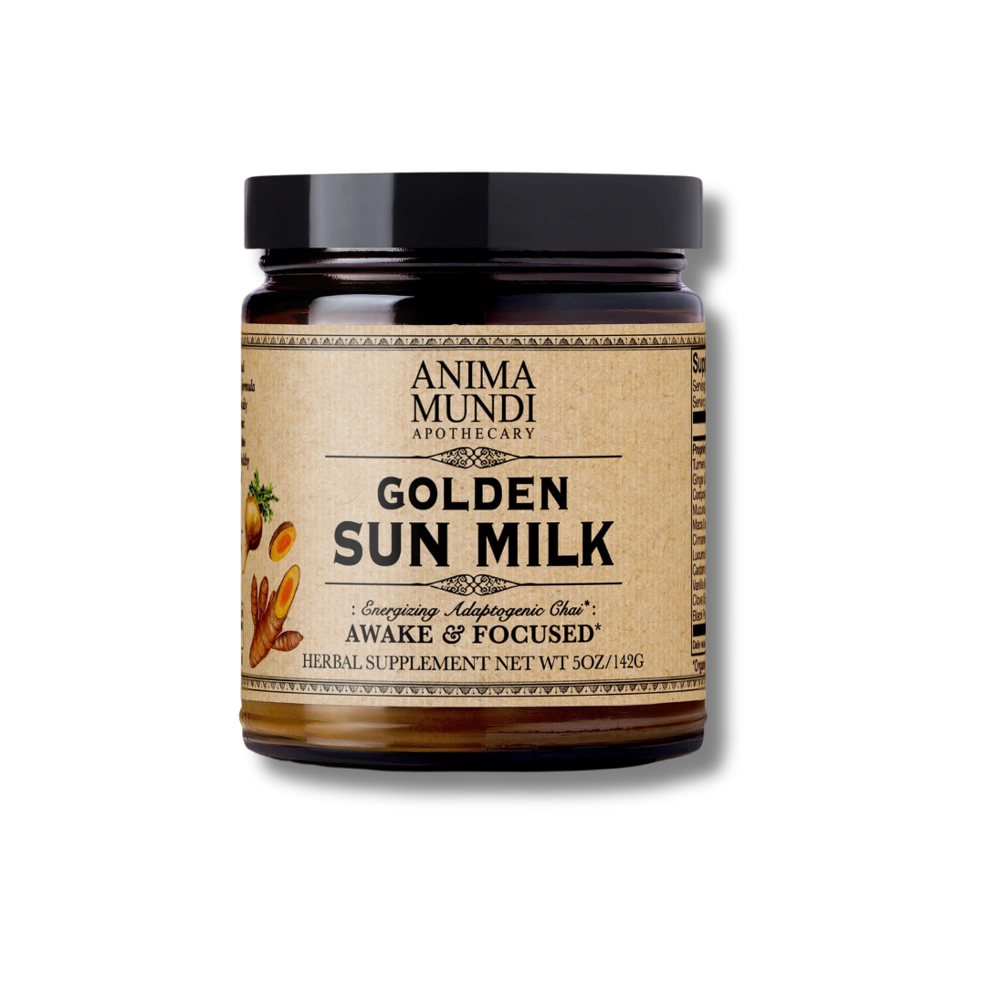 Golden Sun Milk de Anima Mundi, mezcla en polvo con cúrcuma y vainilla para rituales antiinflamatorios y energéticos.