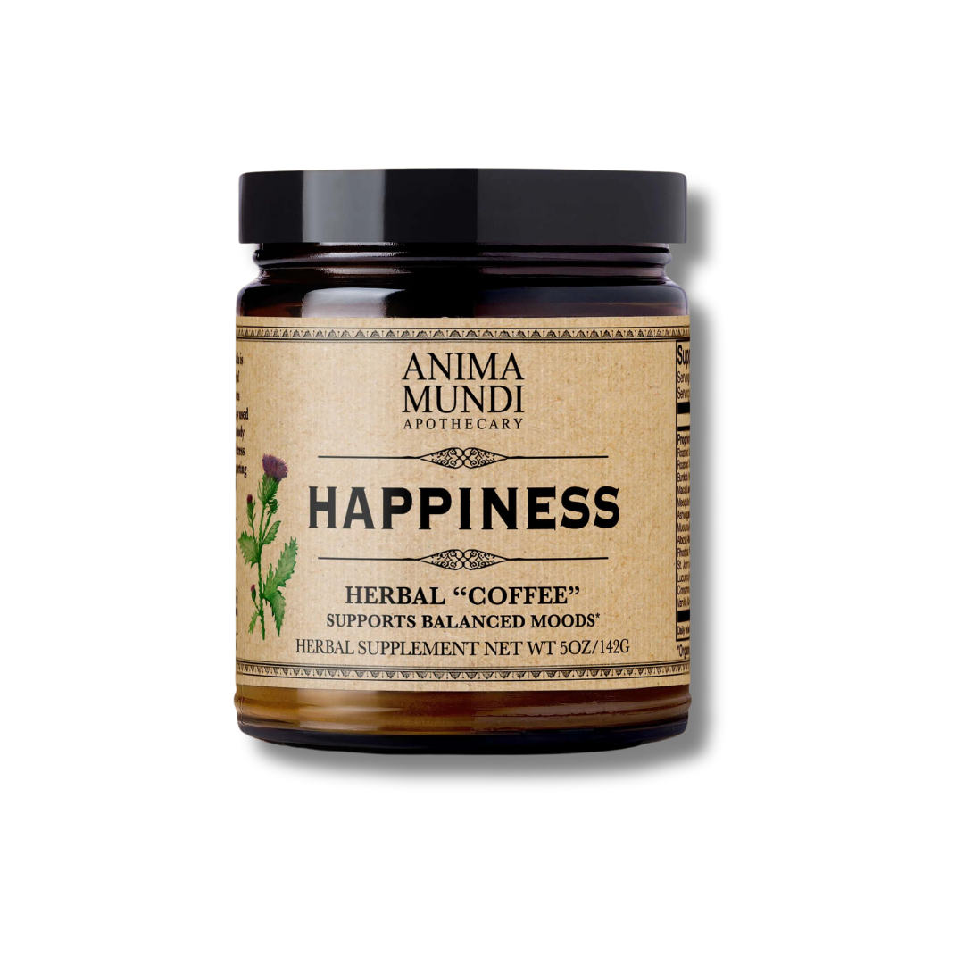 Happiness Powder de Anima Mundi, mezcla botánica con adaptógenos y hierbas que equilibran el estado de ánimo y calman el sistema nervioso.