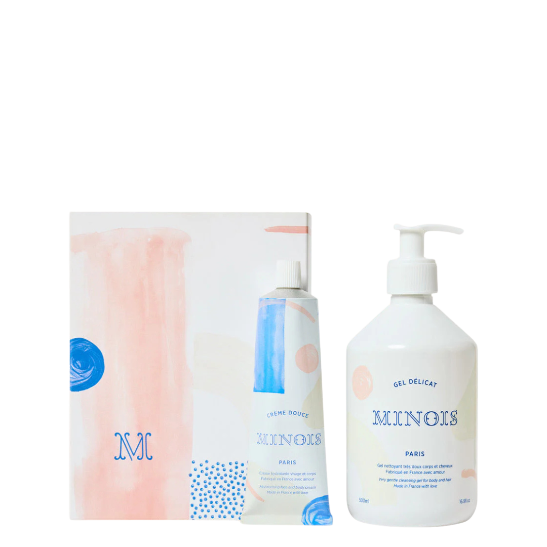 Les Essentiels Box de Minois Paris, cuidado completo con Gel Délicat y Crème Douce para pieles delicadas.
