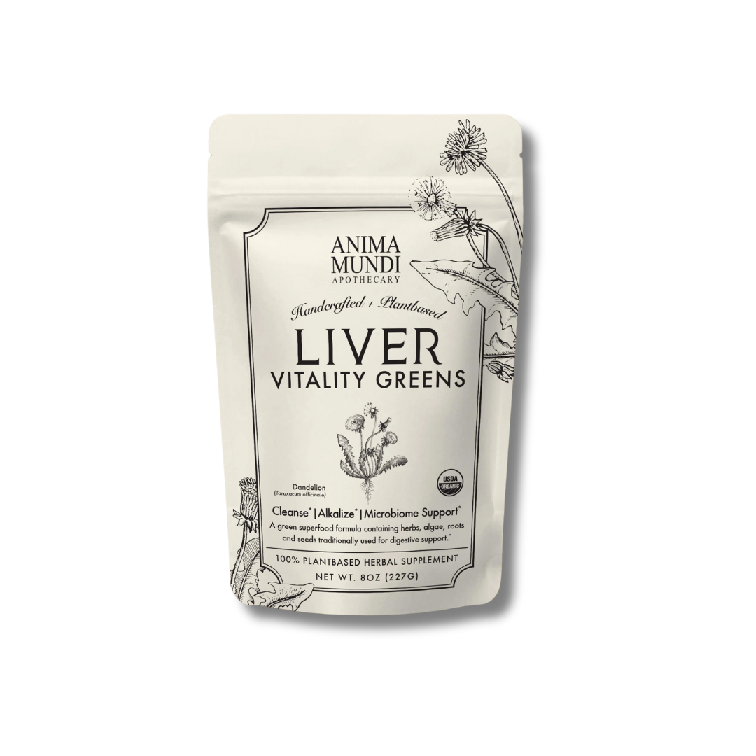 Liver Vitality Greens de Anima Mundi, mezcla botánica en polvo para depurar el hígado y apoyar la digestión de forma equilibrada.