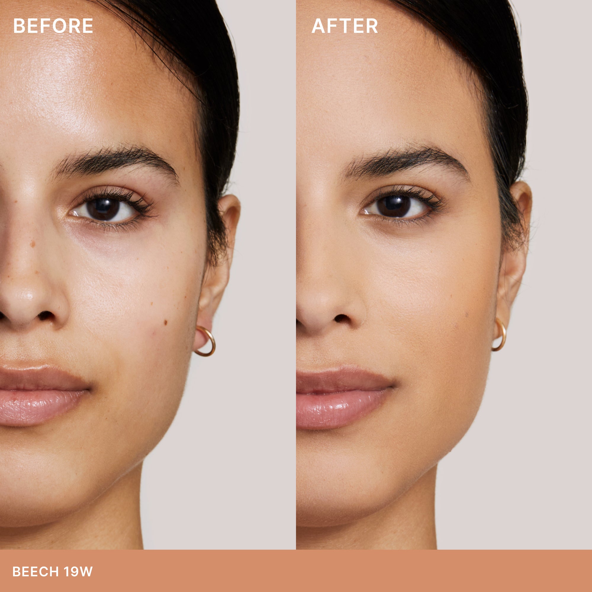 Piel media-cálida corregida, más uniforme y radiante sin sensación de peso.