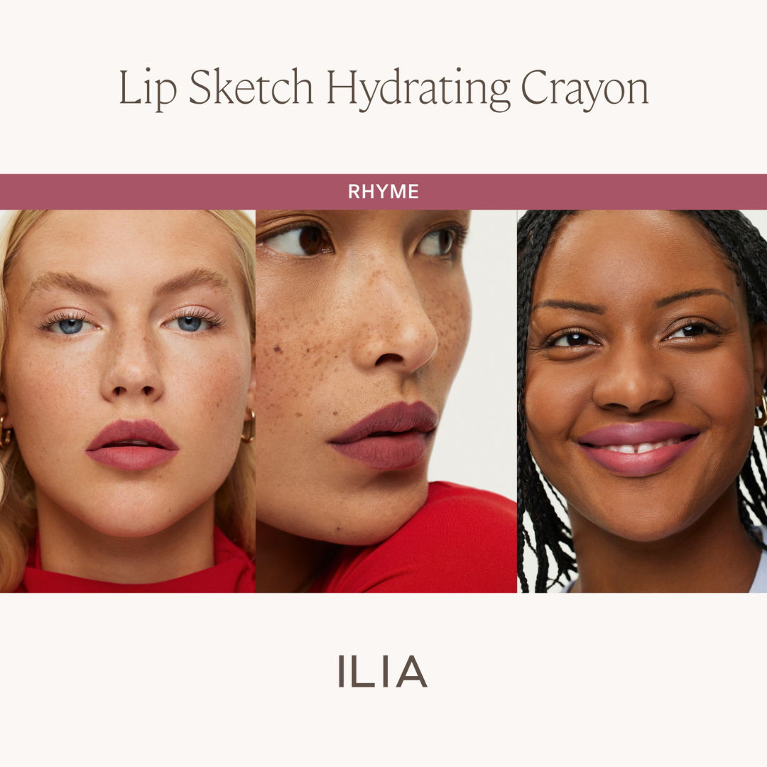 Rhyme, un malva frío y elegante, realza los labios con un tono profundo y natural que dura sin resecar.