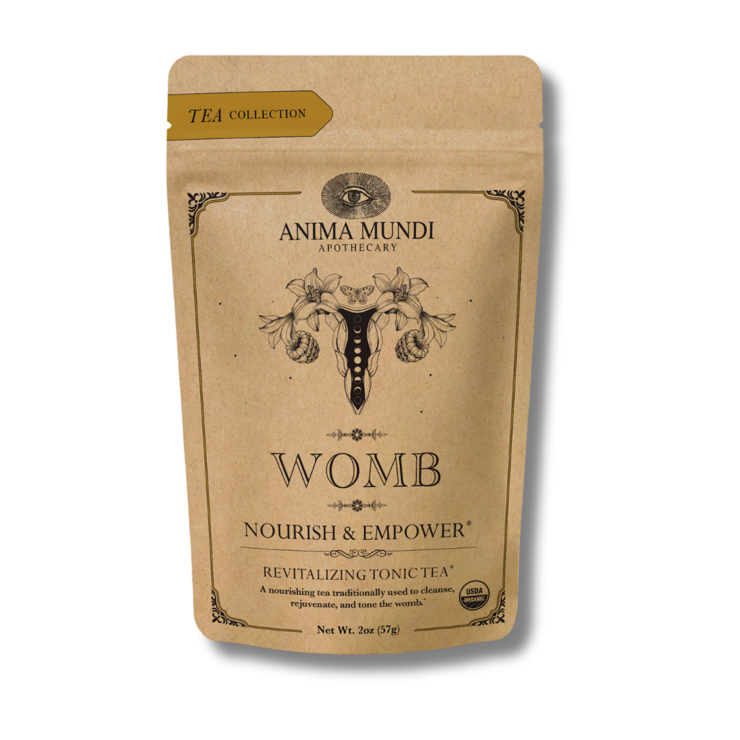 Womb Tea de Anima Mundi, mezcla de hierbas tradicionales para apoyar la salud hormonal y equilibrar el ciclo femenino.