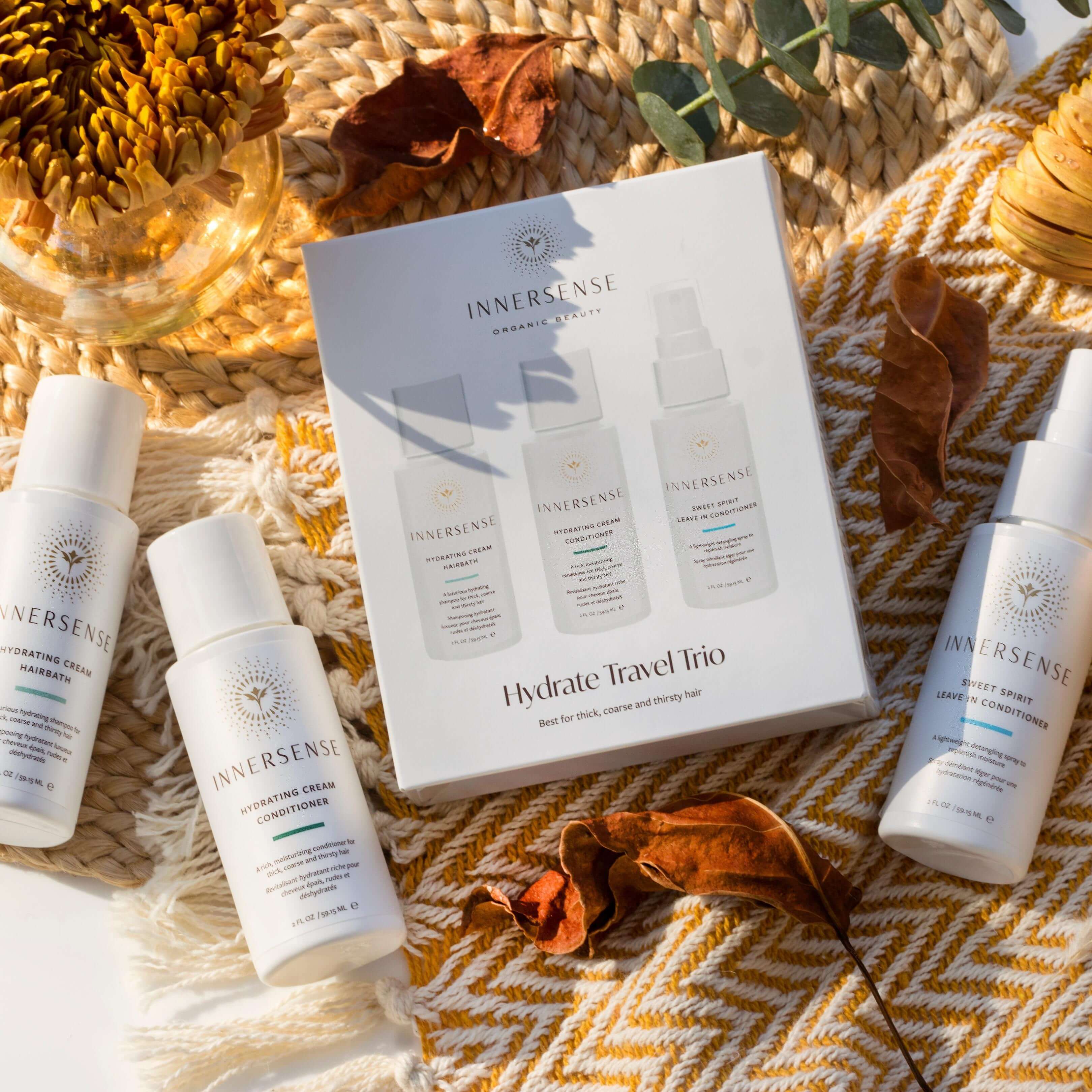 Set Hydrate Travel Trio entre elementos vegetales, evocando un cuidado capilar nutritivo y sensorial.