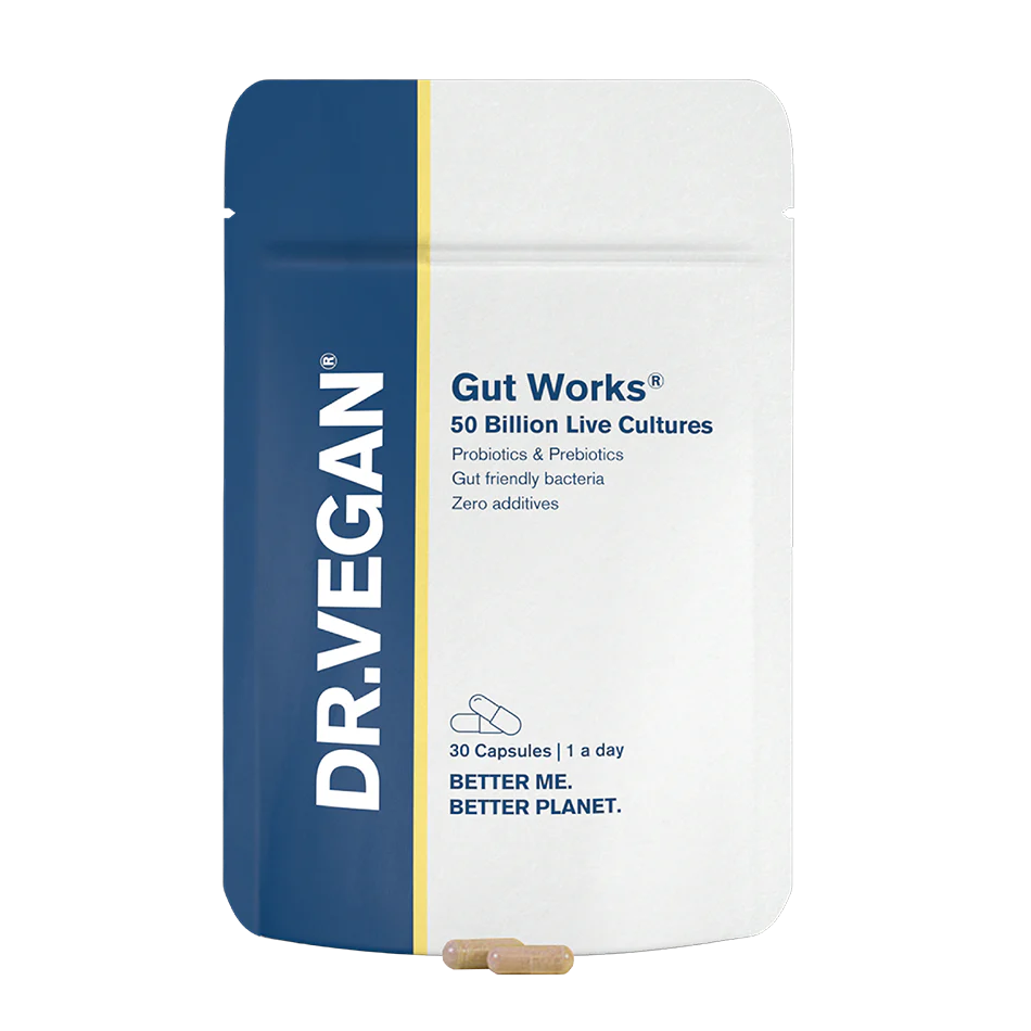 Suplemento probiótico para salud digestiva Gut Works Dr Vegan. Suplemento en cápsulas para restaurar y reforzar microbiota intestinal.