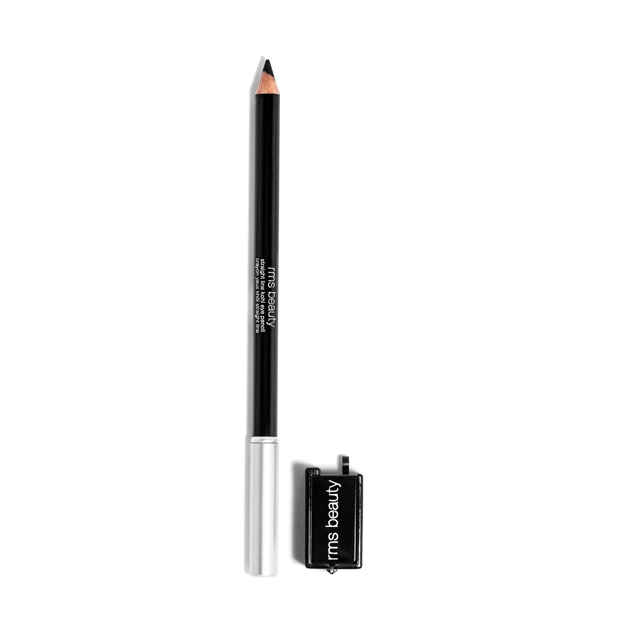 Lápiz de ojos negro Straight Line Kohl Eye Pencil de RMS Beauty. Lápiz cremoso con esponja de difuminado y sacapuntas de materiales reciclables.
