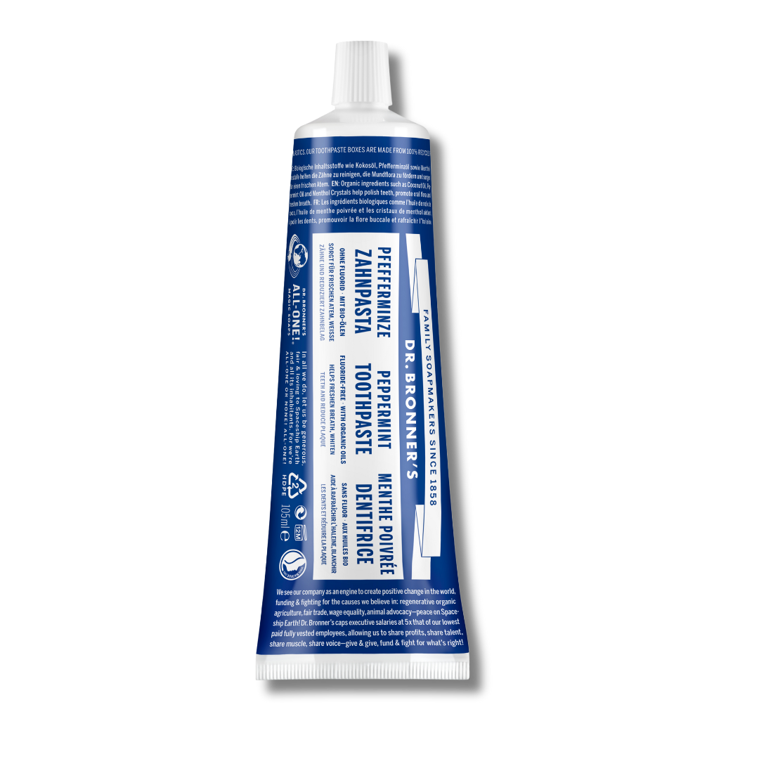 All-One Toothpaste de Dr. Bronner’s en versión menta. Pasta de dientes orgánica sin flúor ni espumas agresivas.