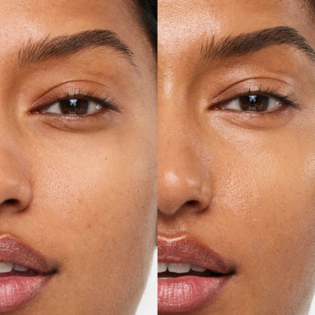 Comparativa de piel antes y después de usar Barrier Build de ILIA Beauty. Crema protectora que restaura la barrera cutánea.