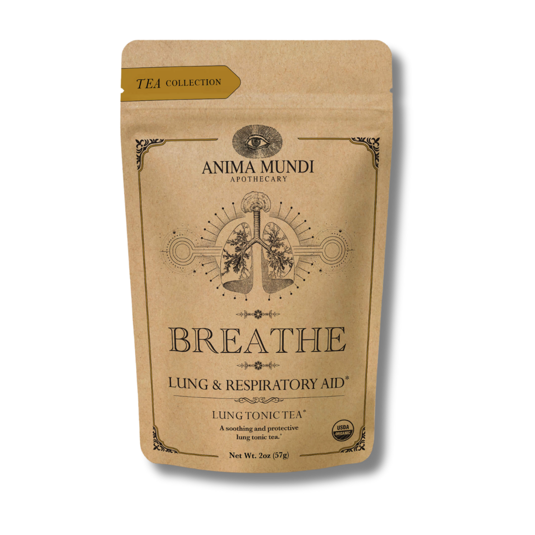 Breathe Tea de Anima Mundi, infusión herbal para apoyar el sistema respiratorio y calmar el cuerpo en momentos de carga o fatiga.