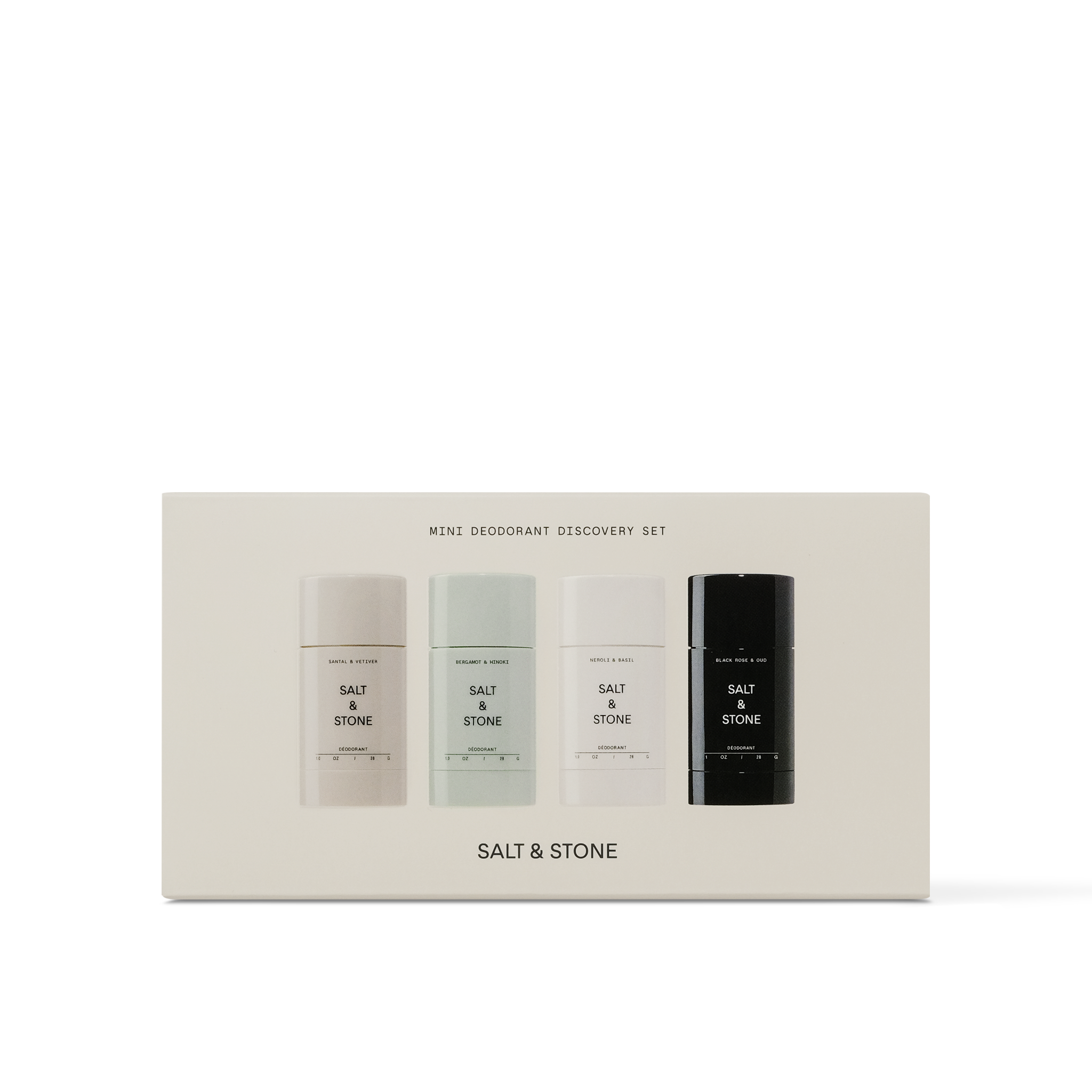 Mini Deodorant Discovery Set de Salt & Stone permite probar cuatro aromas con la misma protección eficaz.