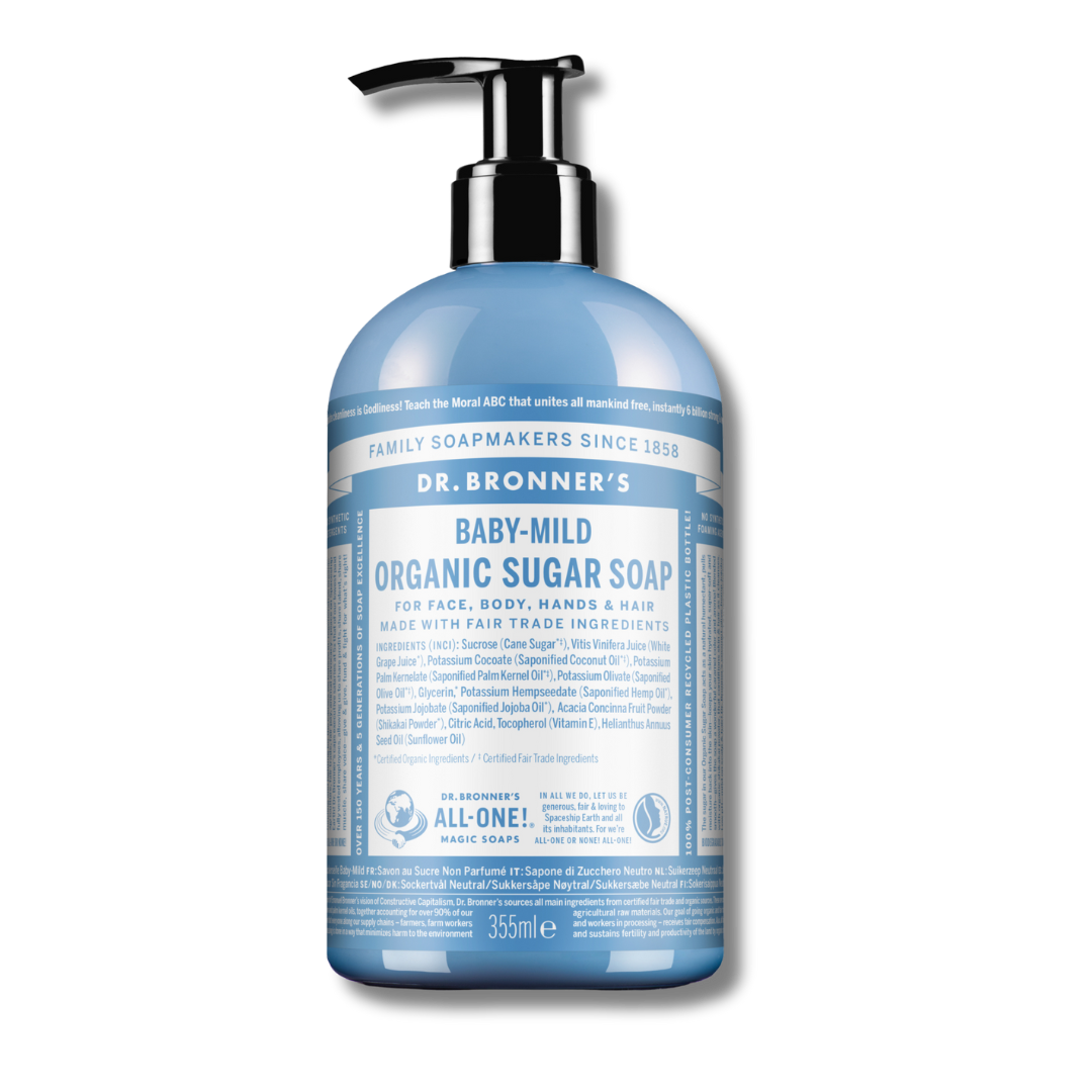 Organic Sugar Soap sin perfume de Dr. Bronner’s. Jabón líquido multiusos con azúcar orgánica para piel sensible.