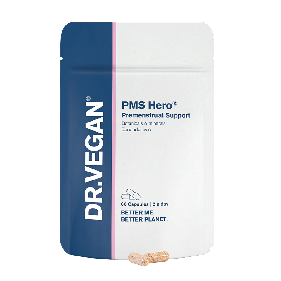 PMS Hero® de Dr. Vegan en formato sobre. Suplemento con vitamina B6, magnesio y Vitex para aliviar síntomas del ciclo menstrual.