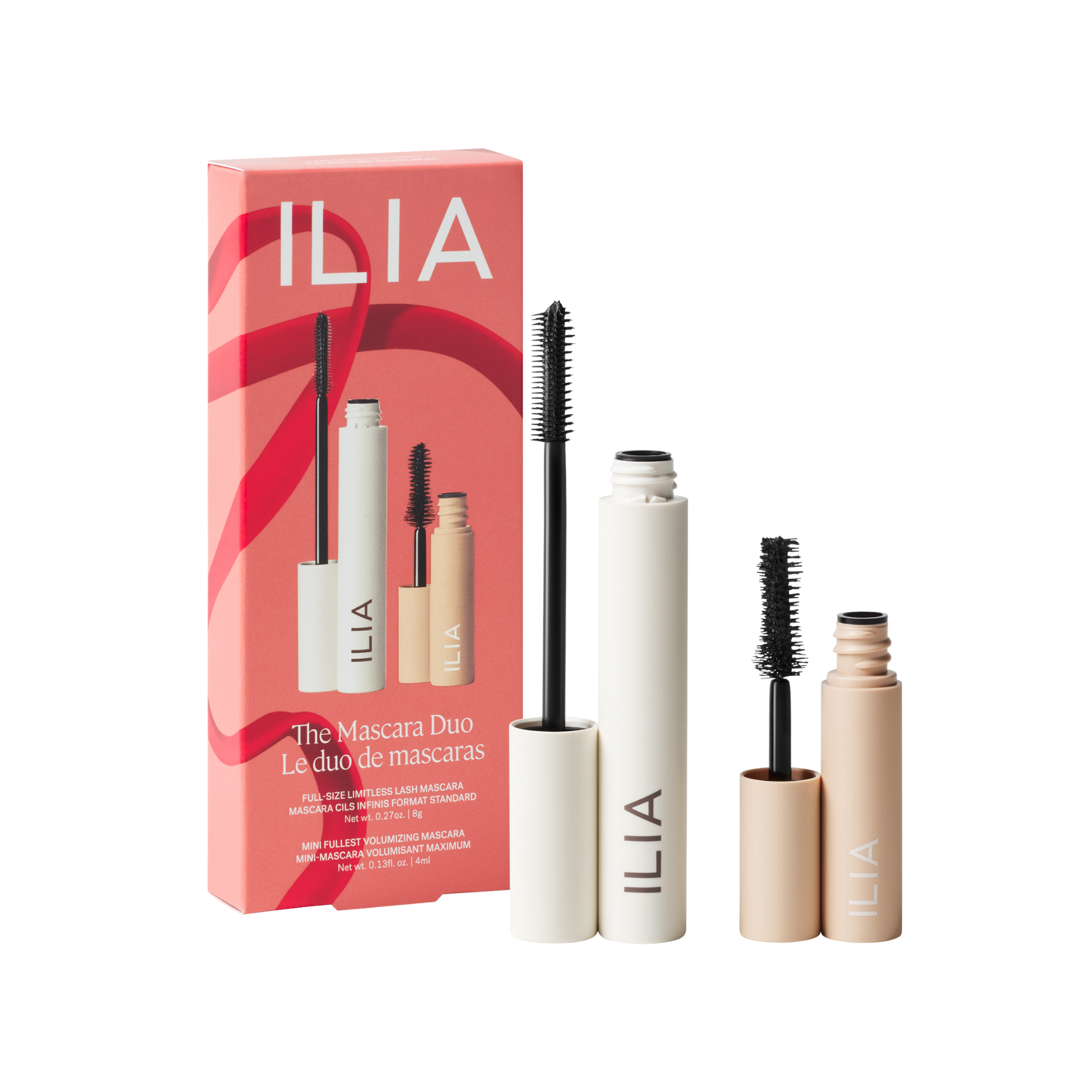 The Mascara Duo de ILIA Beauty eleva cada pestaña con definición, volumen y un acabado natural impecable.